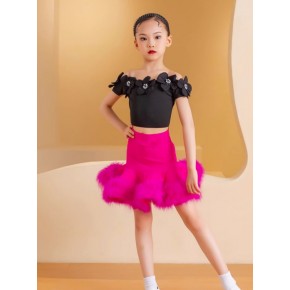 Girls black with hot pink feather latin dance dress junior salsa rumba chacha stage performance dance outfits for children
